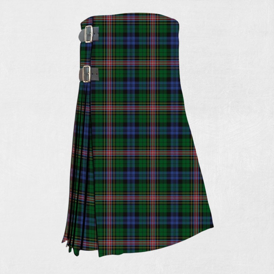 Hand-made Allison Tartan Kilt front view, showcasing adjustable straps and premium wool fabric with the vibrant Allison Tartan pattern.