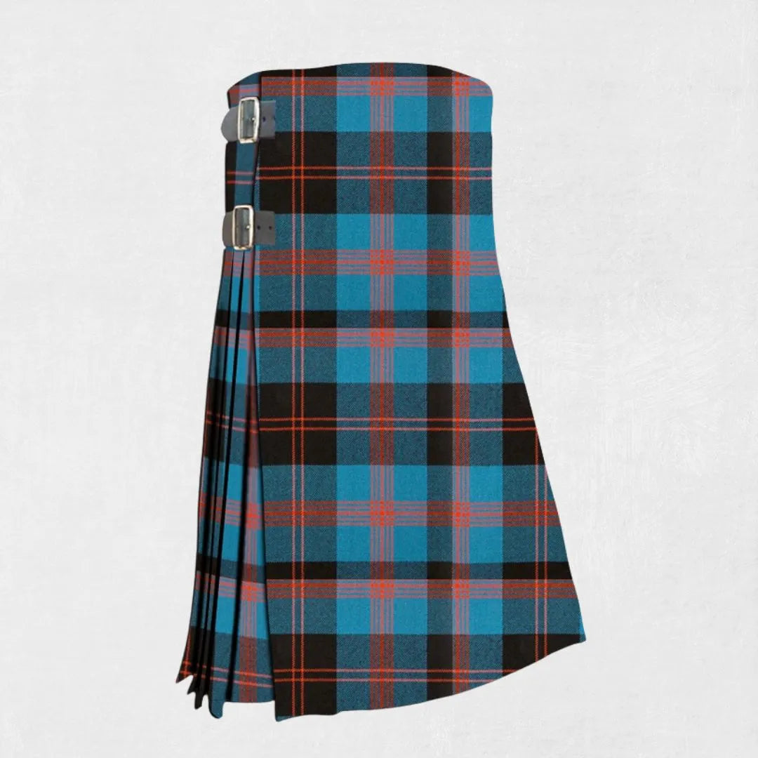 Hand-made Angus Tartan Kilt front view, showcasing adjustable straps and high-quality wool fabric with the bold Angus Tartan pattern.
