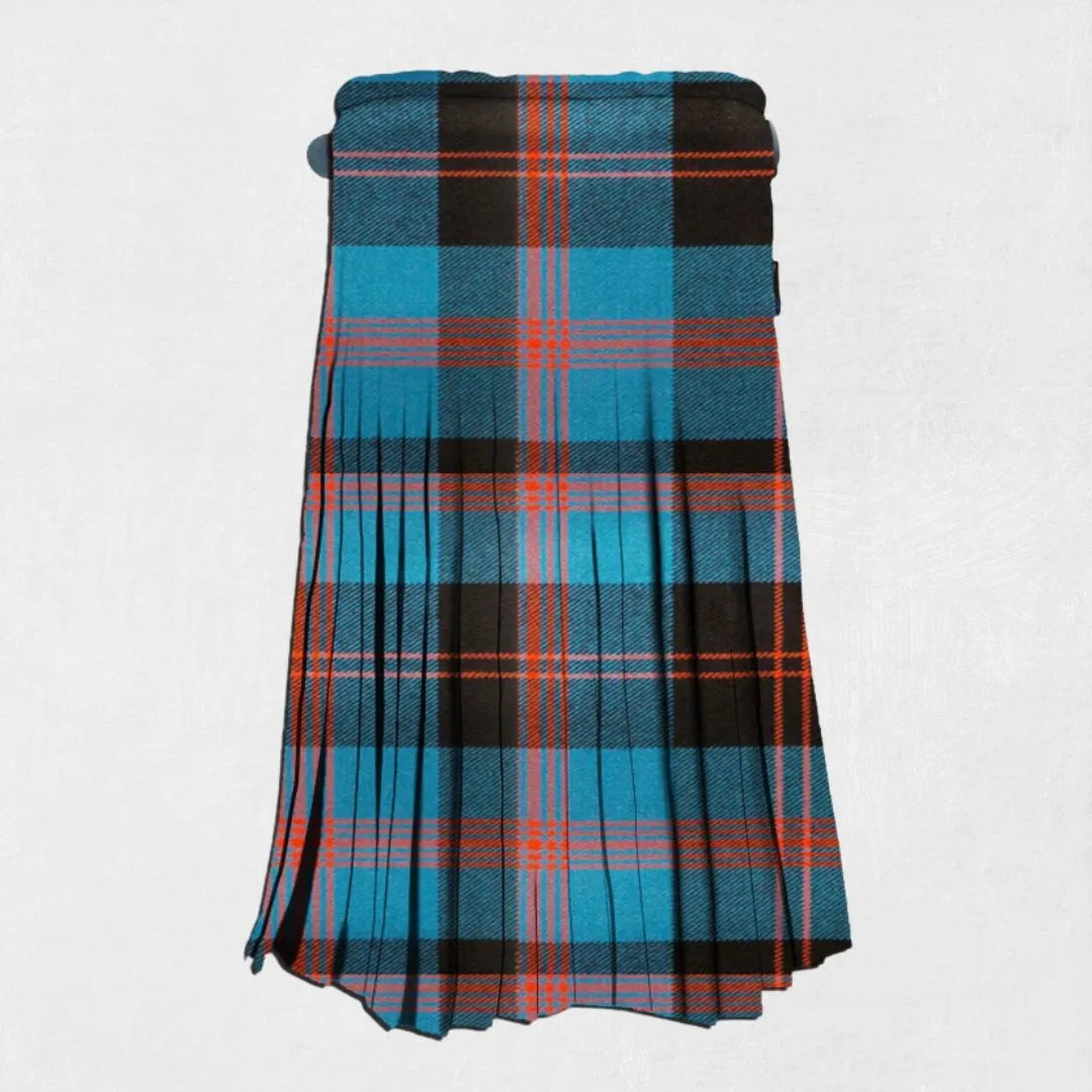 Plaid kilt with blue, black, and red colors on a white background