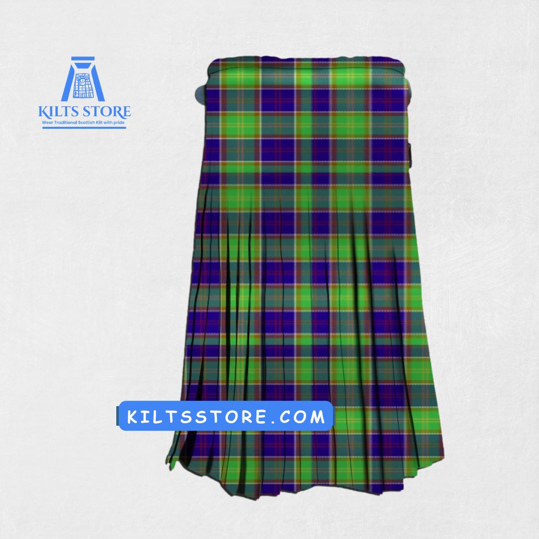 Hand-made Ayrshire Tartan Kilt front view, showcasing adjustable straps and premium wool fabric with the vibrant Ayrshire Tartan pattern.