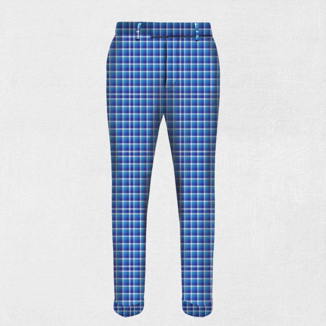 Handmade Bannockbane Light Blue Tartan Trousers - Front view showcasing the light blue tartan pattern and tailored fit.