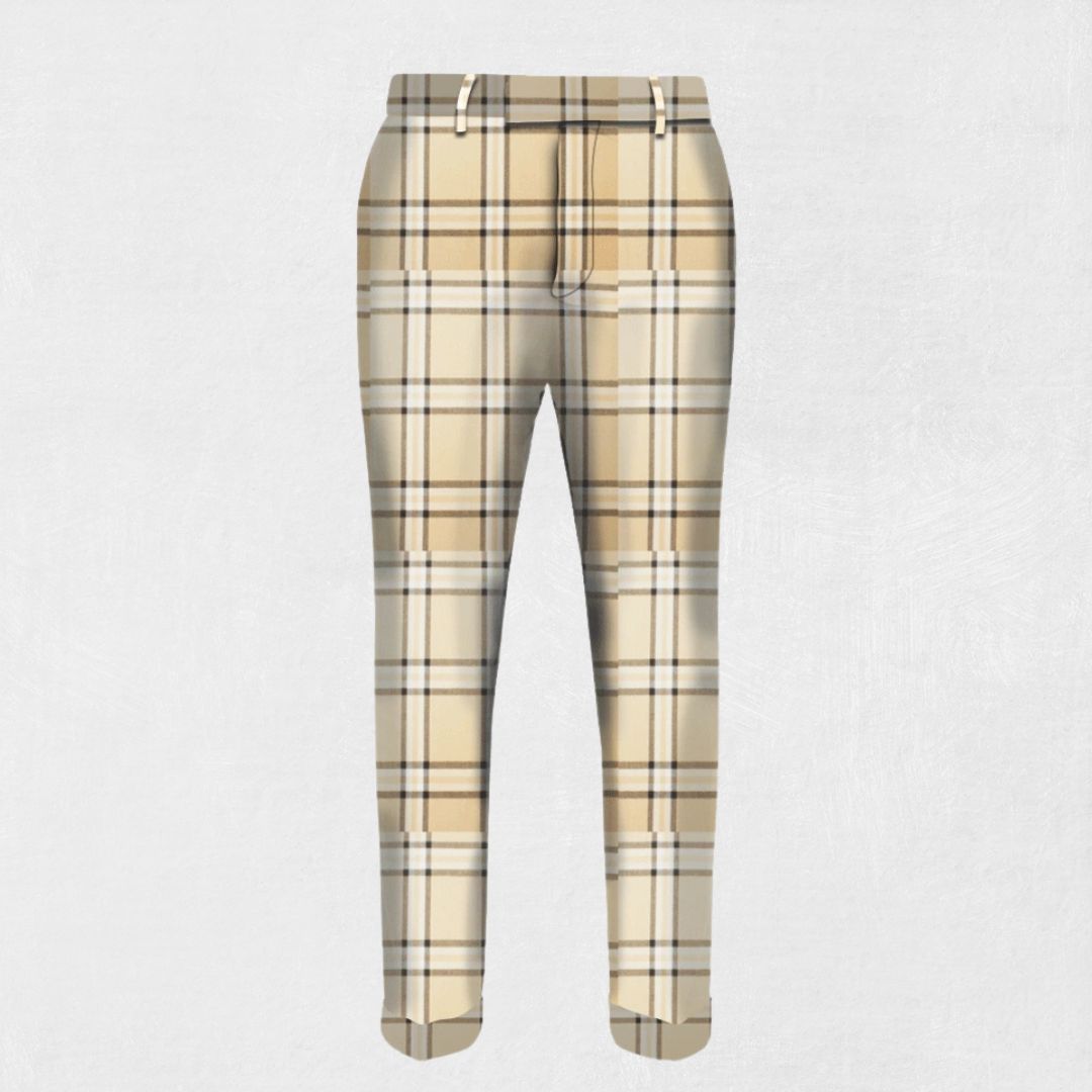 Handmade Beige Tartan Trousers - Front view showcasing the elegant beige tartan pattern and tailored fit.