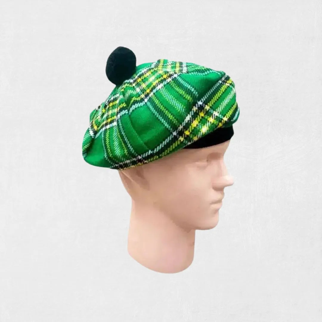 Side view of Hand-Made Irish Green Tartan Tam o’ Shanter Hat with pom-pom.