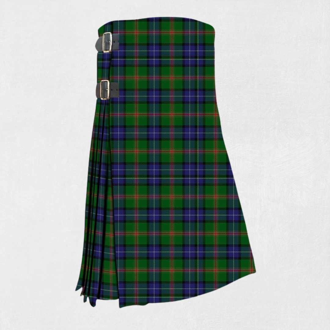 Green plaid kilt with silver belt on a white background