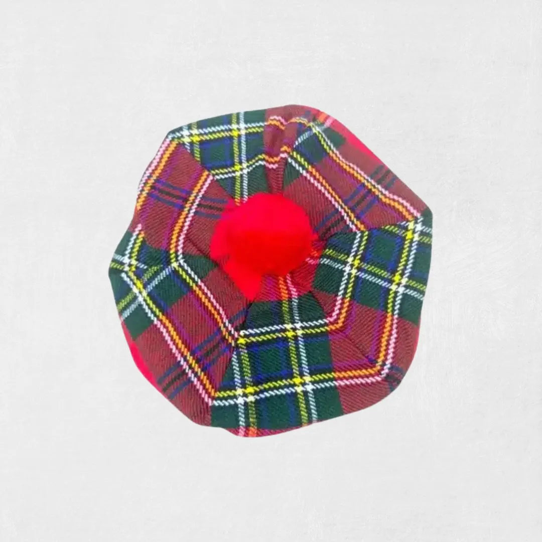 Top view of Hand-Made Royal Stewart Tartan Tam o’ Shanter Hat with pom-pom.