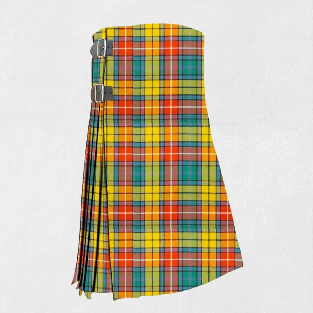 Hand made Buchanan Ancient tartan kilt with orange, green, yellow, and navy checks