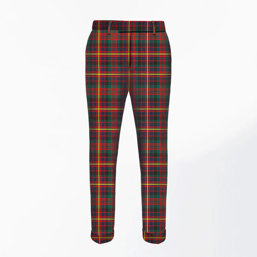Front view of Hand Made Cameron of Erracht Tartan Trousers featuring red, green, and blue tartan and pleated front
