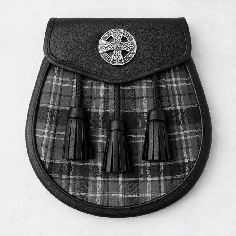 Handmade Hebridean Granite tartan sporran with traditional tassels and leather backing for Scottish kilt outfits
