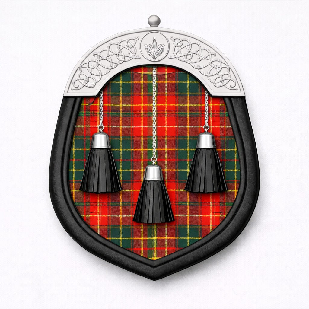 Handmade Burnett tartan sporran with traditional Scottish design worn with kilt