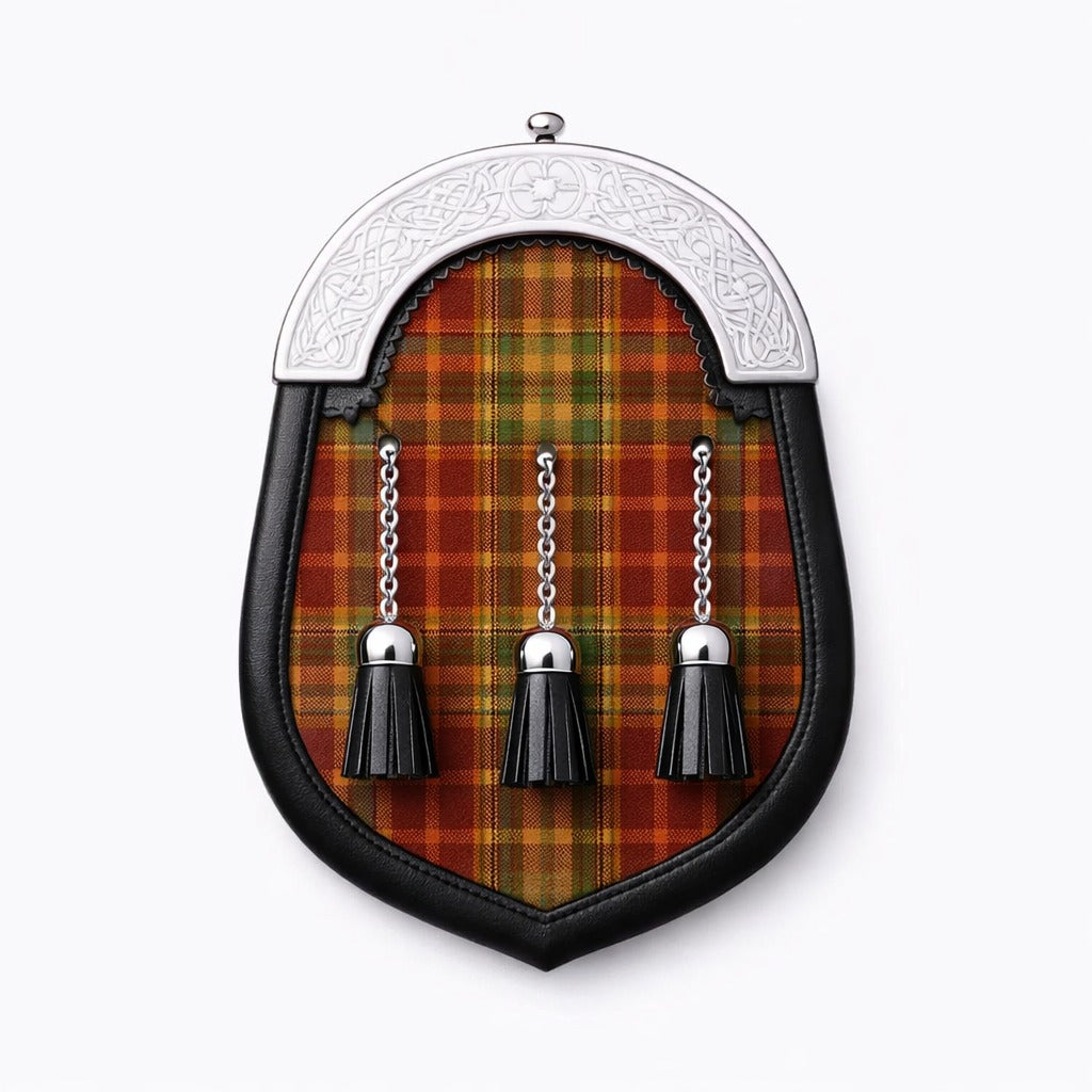 Handmade Chattan tartan sporran with traditional Scottish design worn with kilt