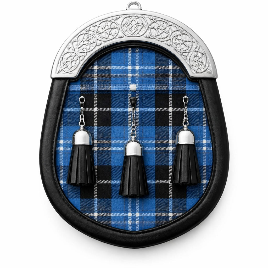Handmade Clarke Ancient tartan sporran with traditional Scottish design worn with kilt
