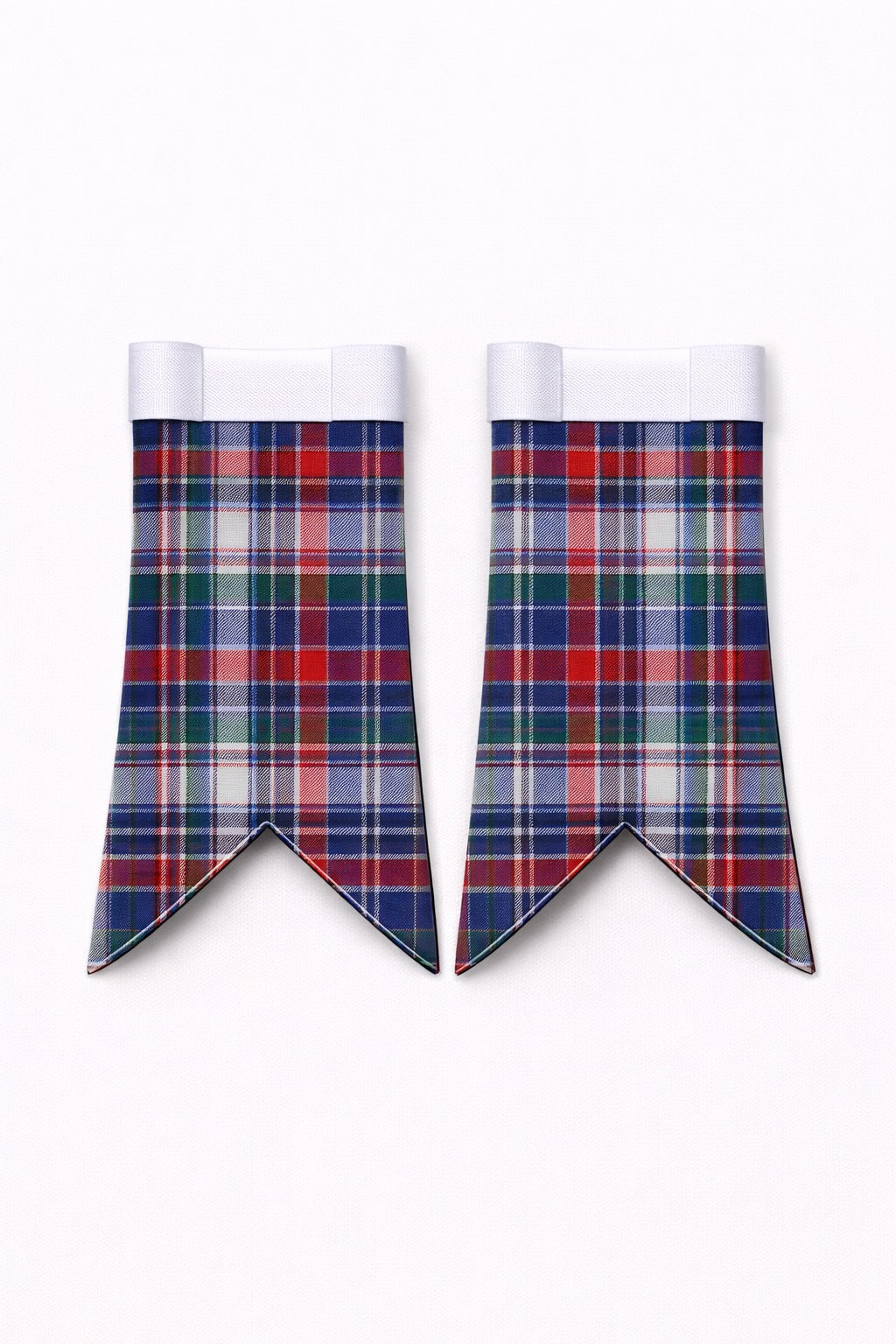 Handmade Cooper Tartan Flashes displayed on traditional kilt outfit with detailed stitching