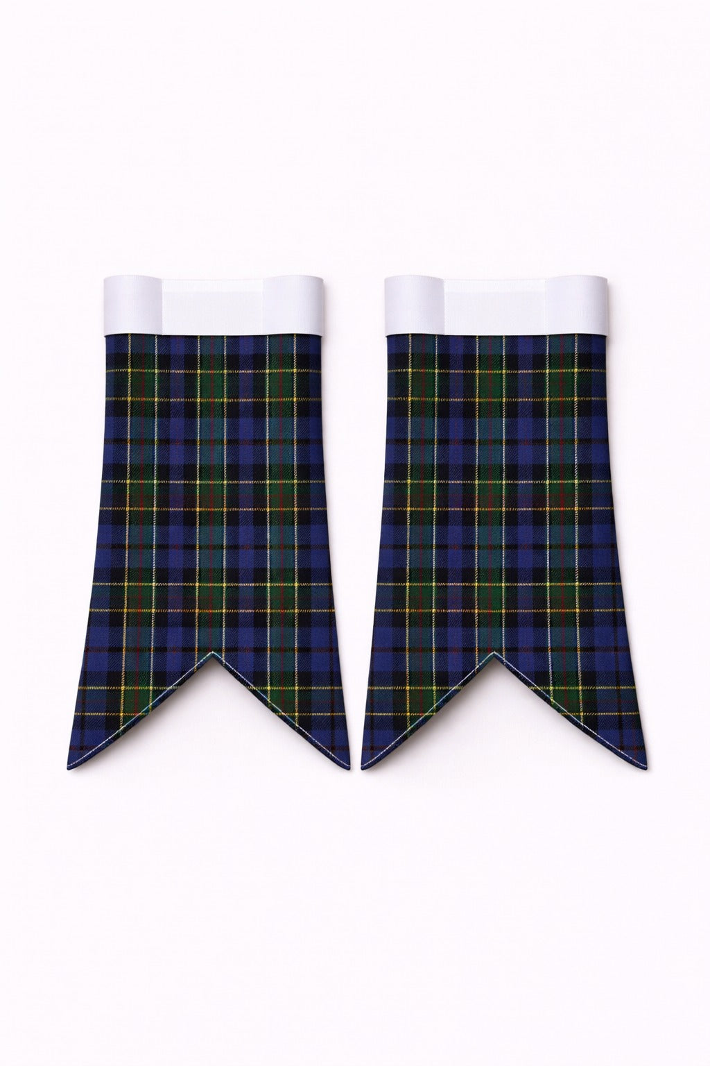 Handmade Cowan Tartan Flashes displayed on traditional kilt outfit showing detailed stitching