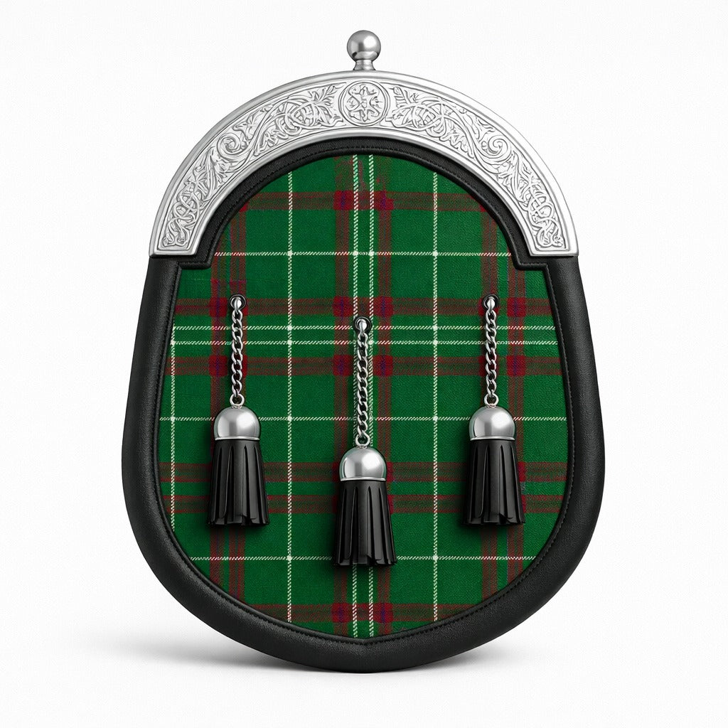 Handmade Cunningham tartan sporran featuring traditional Scottish design worn with kilt