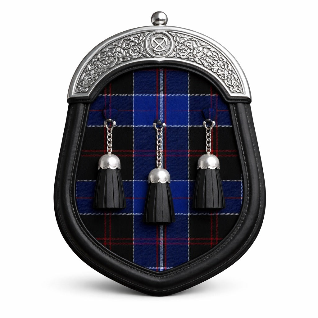 Handmade Dunlop tartan sporran with traditional Scottish design worn with kilt
