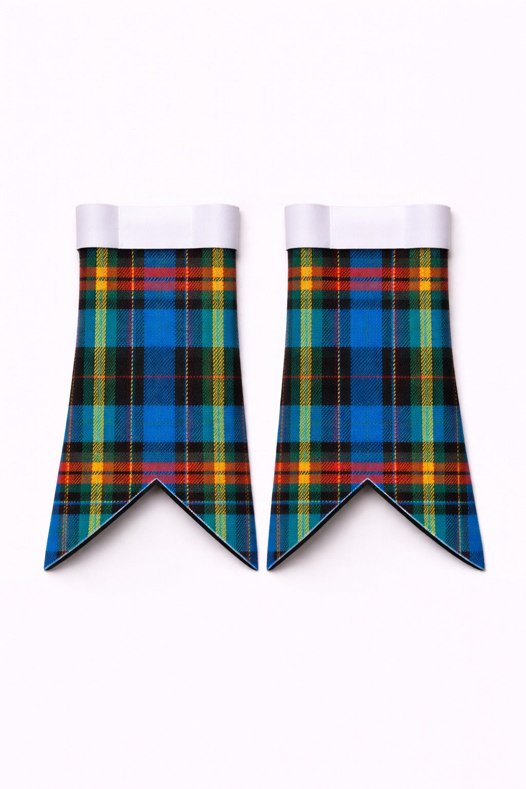 Handmade Gillies tartan flashes worn with traditional Scottish kilt hose
