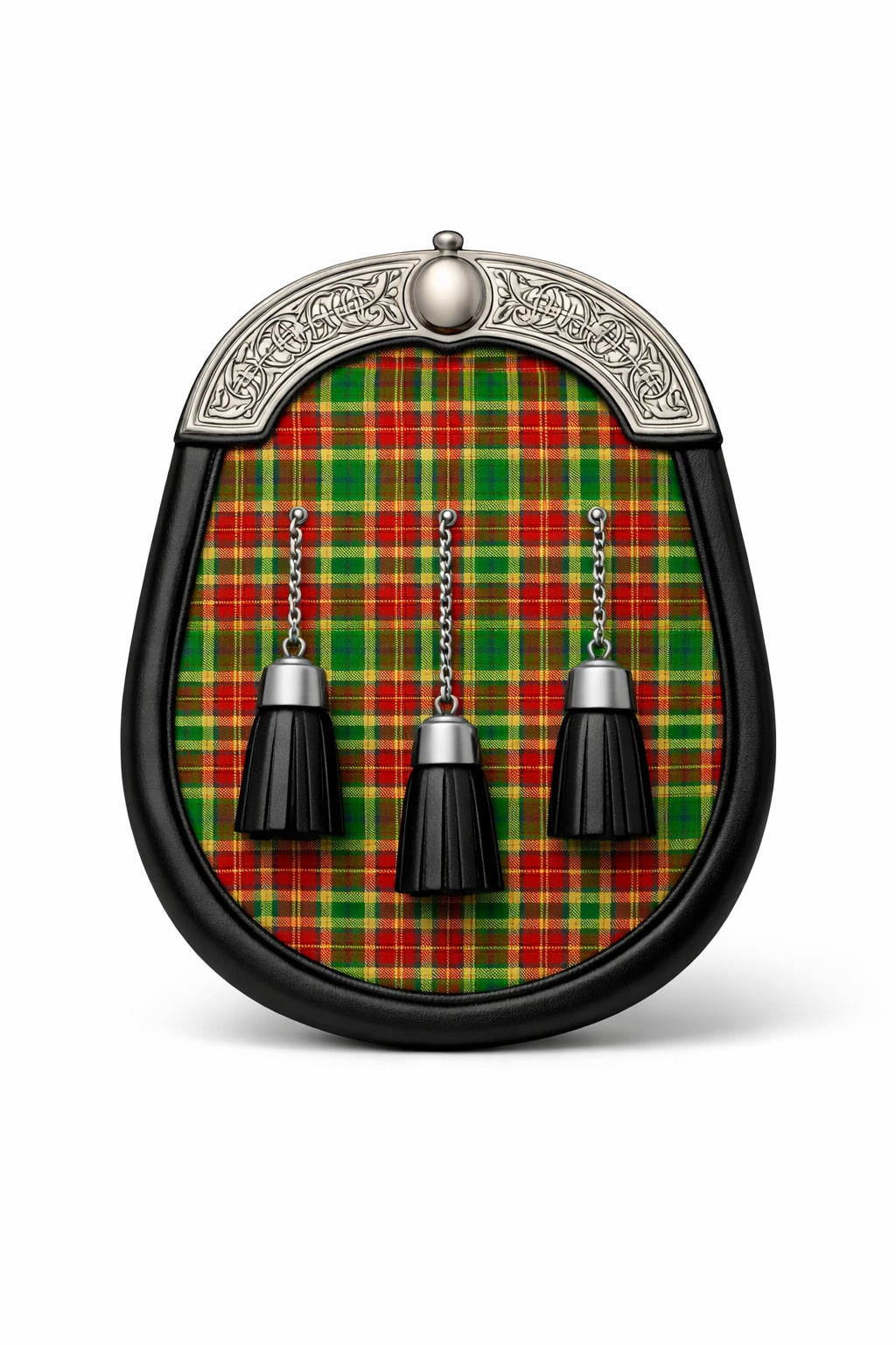 Handmade Harper tartan sporran with traditional Scottish design worn with kilt