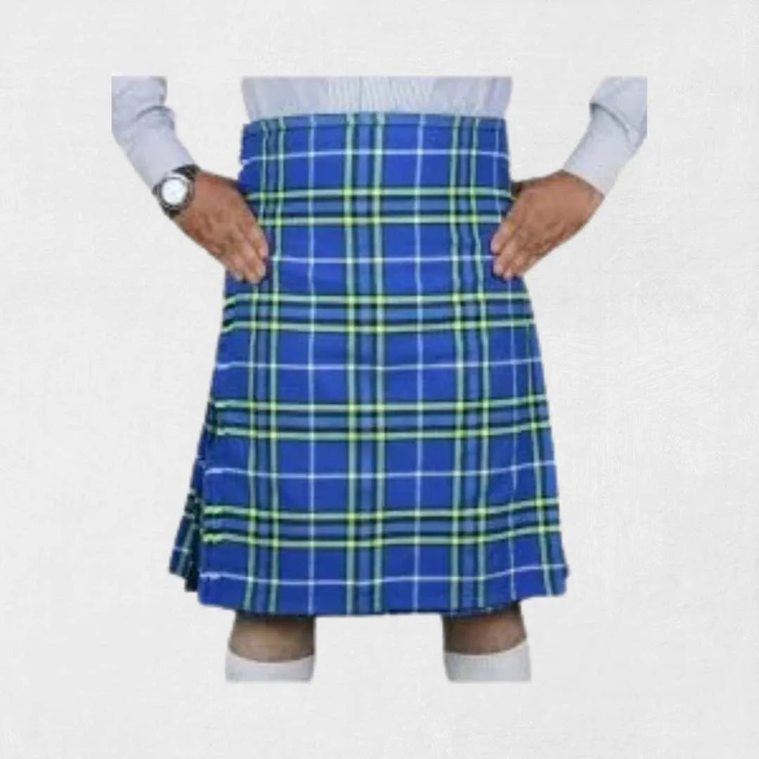 Handmade Isle of Harris tartan kilt in blue, green, brown, and grey design