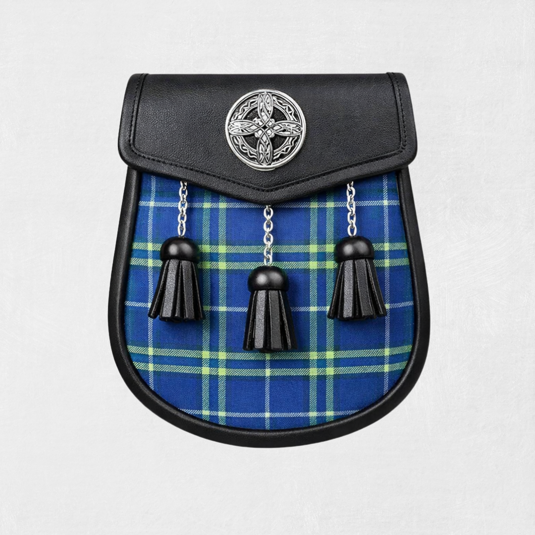 Handmade Isle of Harris tartan sporran with traditional tassels and leather backing for classic Scottish kilt outfits