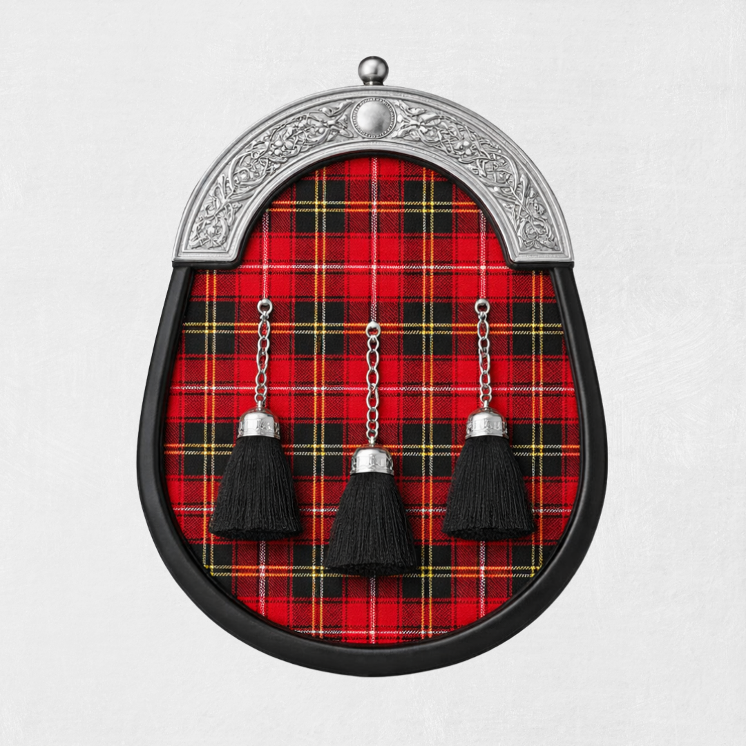 Handmade MacDonald tartan sporran with traditional tassels and leather backing for classic Scottish kilt outfits