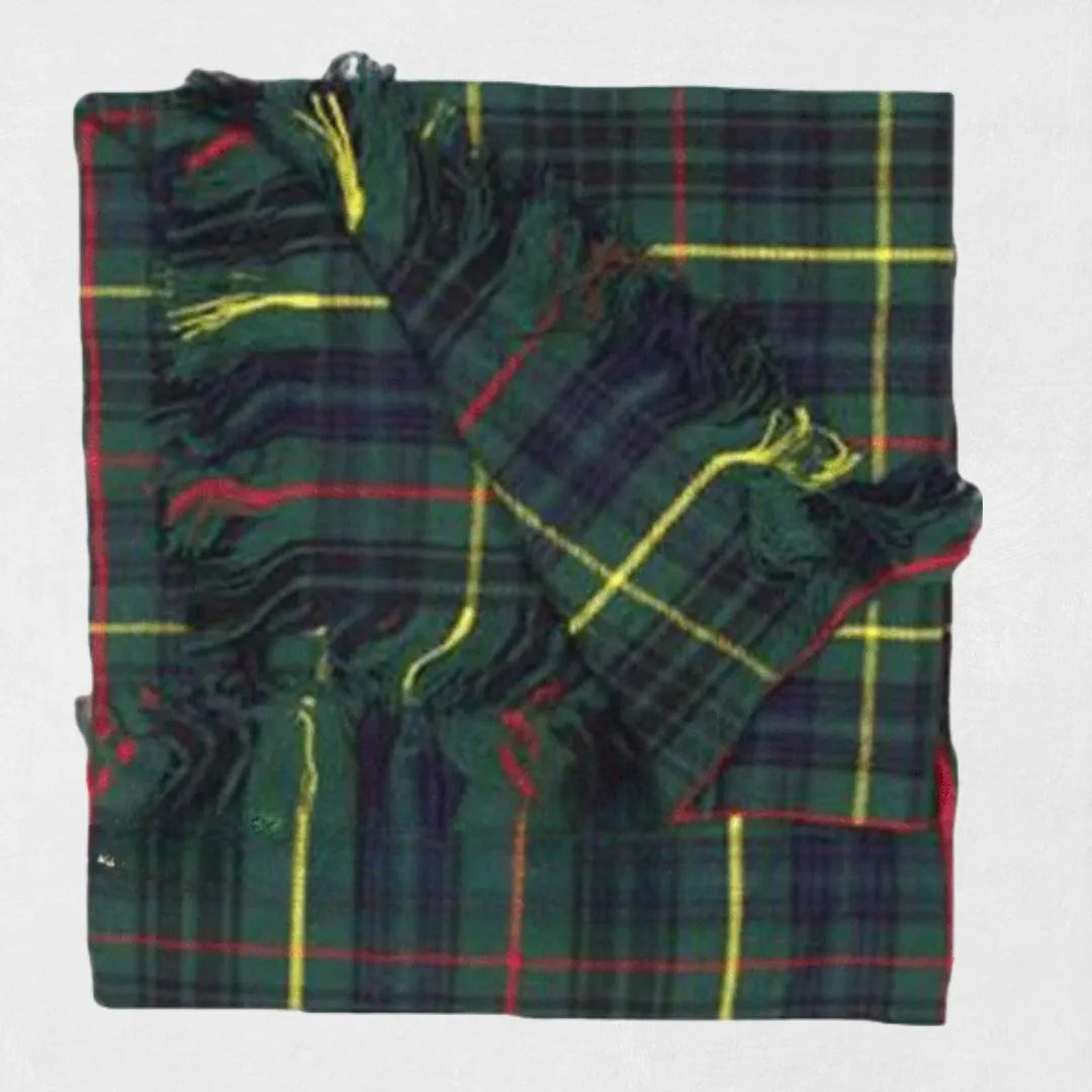 Hunting Stewart tartan fly plaid in red and green over shoulder on formal Scottish attire