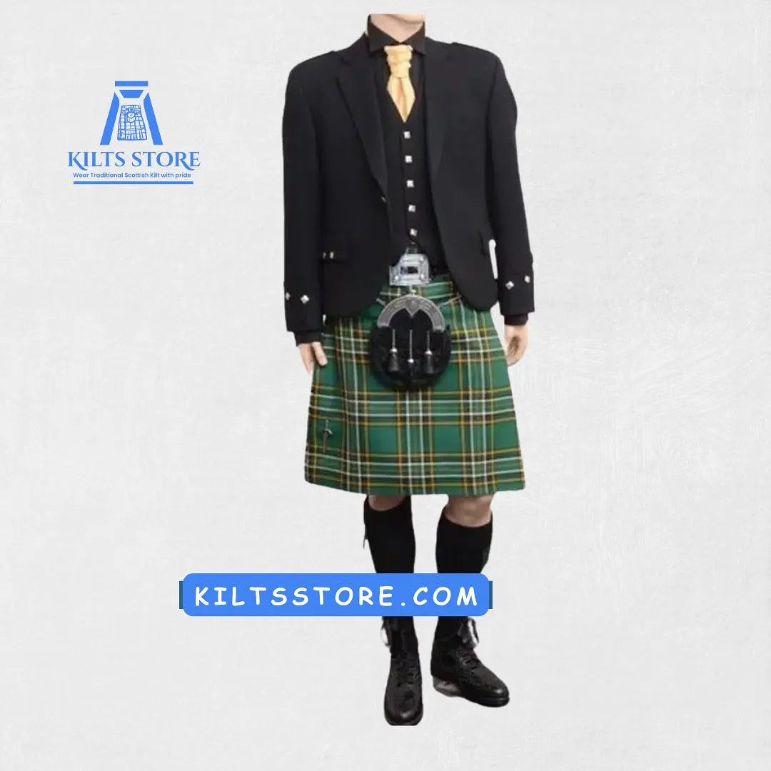 Front view of the Irish National Tartan Kilt Outfit for Sale, showcasing the vibrant green, red, and yellow tartan pattern on the kilt, with a matching jacket and vest for a sophisticated look.
