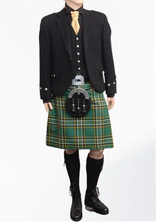 Front view of the Irish National Tartan Kilt Outfit for Sale, showcasing the vibrant green, red, and yellow tartan pattern on the kilt, with a matching jacket and vest for a sophisticated look.
