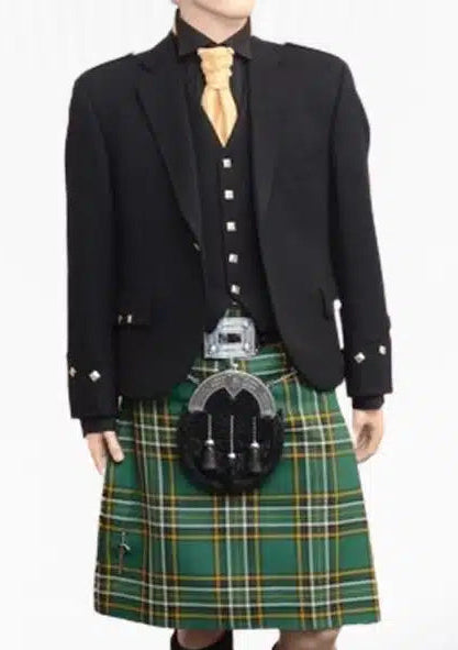 Front view of the Irish National Tartan Kilt Outfit for Sale, showcasing the vibrant green, red, and yellow tartan pattern on the kilt, with a matching jacket and vest for a sophisticated look.