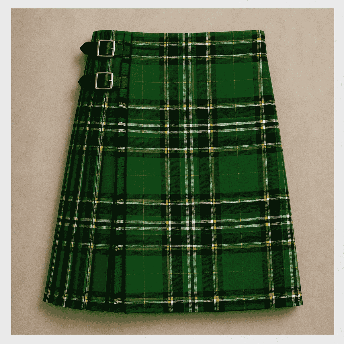 Irish National Tartan Kilt featuring traditional Celtic tartan, knife pleats, and adjustable leather straps