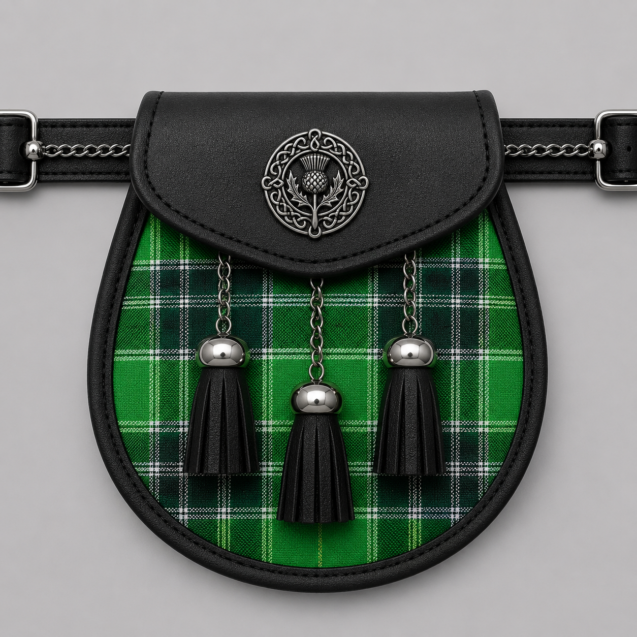 MacDonald Lord of the Isles Ancient tartan sporran displayed with traditional Scottish Highland kilt accessories
