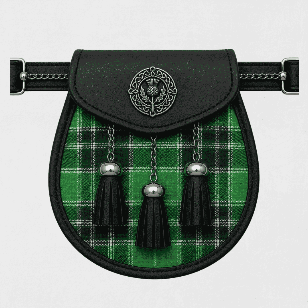 MacDonald Lord of the Isles Ancient tartan sporran displayed with traditional Scottish Highland kilt accessories