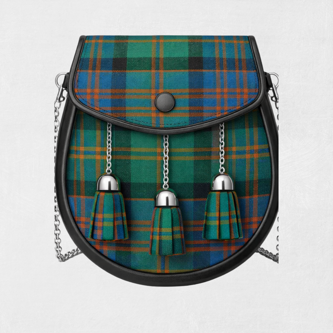 MacDonald Clan Ancient tartan sporran with traditional tassels and leather backing for Scottish kilt outfits