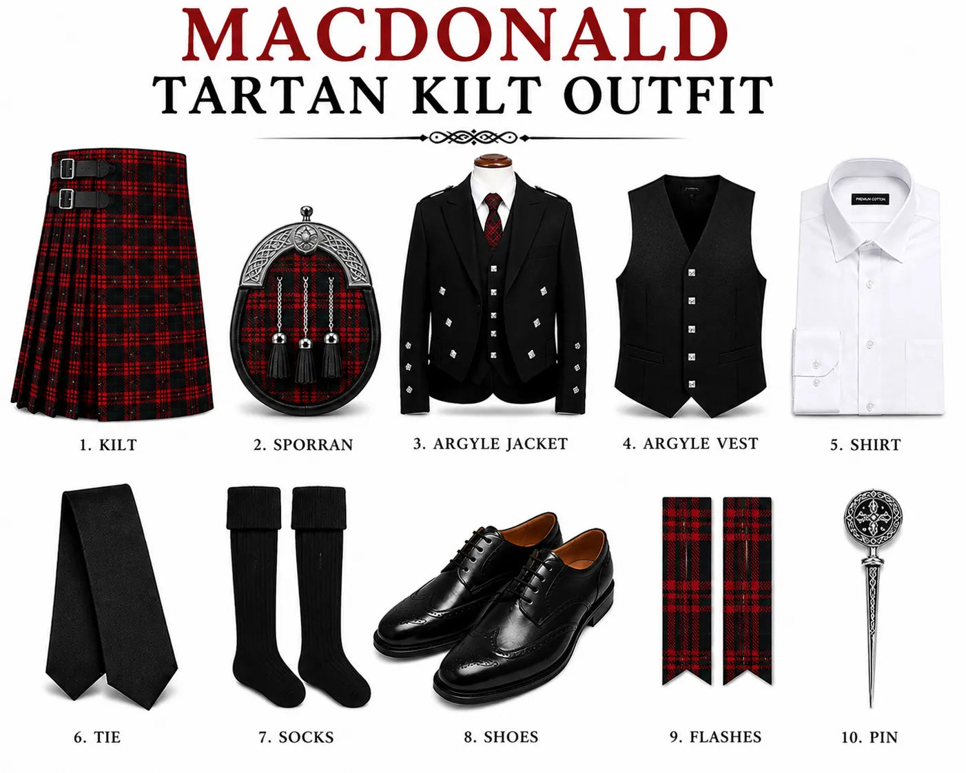 A product collage for a 'Macdonald Tartan Kilt Outfit' showing ten numbered components: a red and black tartan kilt, sporran, argyle jacket, argyle vest, white dress shirt, black tie, black socks, black shoes, and matching tartan spencers with a silver pin, all on a white background.