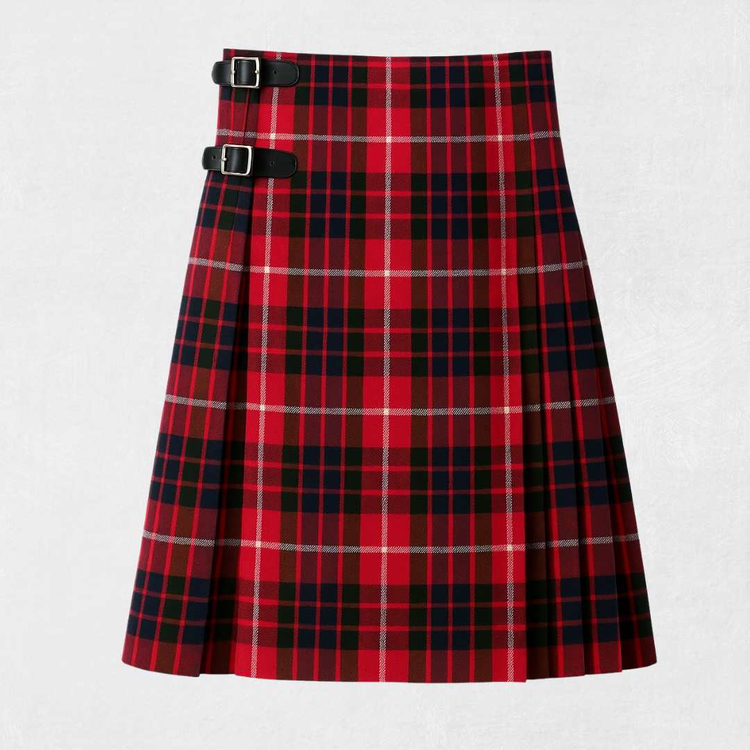Red and black plaid skirt with a belt on a white background