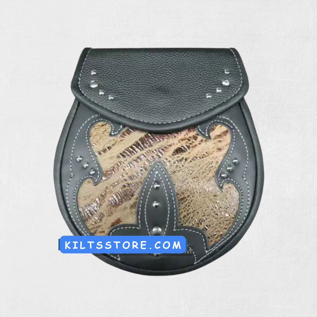Front view of the Premium Quality Crocodile Skin Sporran, showcasing its luxurious faux crocodile skin texture, adding a contemporary twist to your traditional kilt outfit.