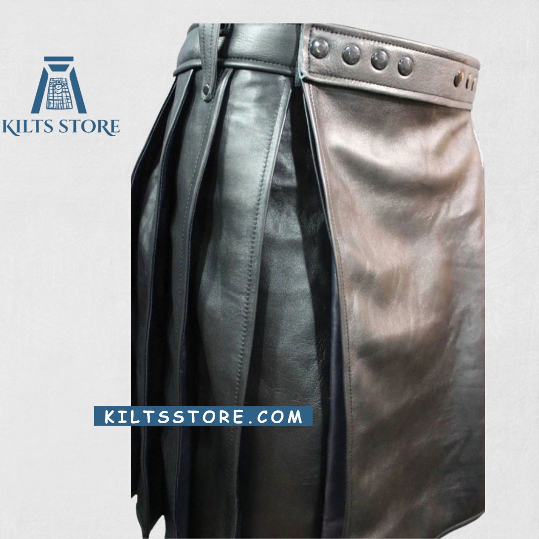Premium-Quality Custom-Made Scottish Black Leather Kilt for Men, Traditional Style , side view