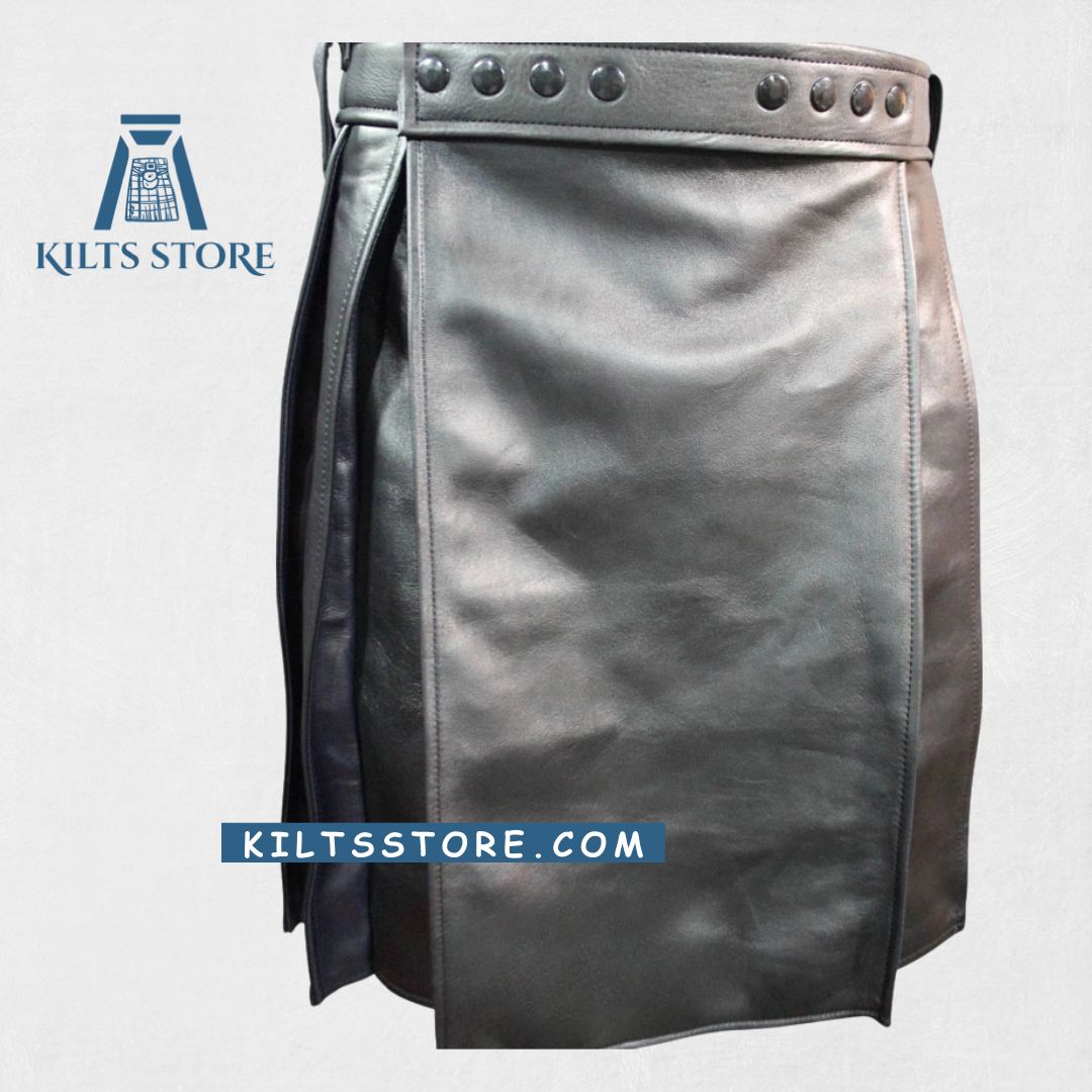 Premium-Quality Custom-Made Scottish Black Leather Kilt for Men, Traditional Style , front view .
