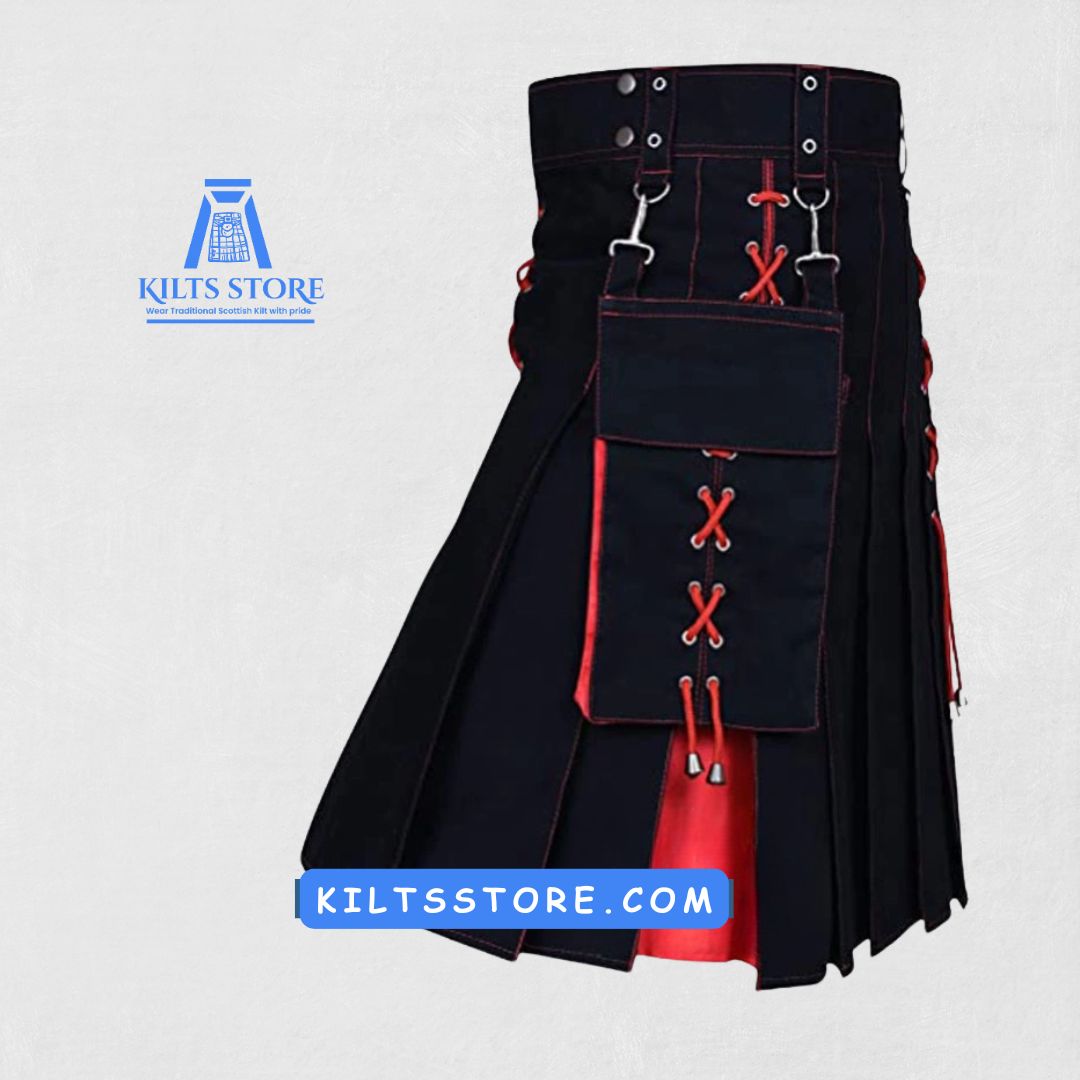 Side view of the Premium Quality Black Watch Hybrid Tartan Kilt highlighting premium craftsmanship and stylish fit.
