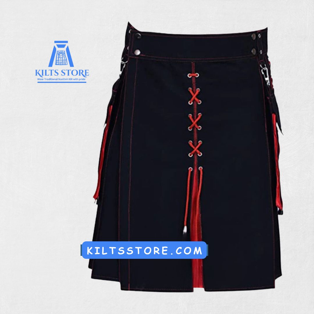 Front view of the Premium Quality Black Watch Hybrid Tartan Kilt showcasing classic tartan design and modern hybrid elements.