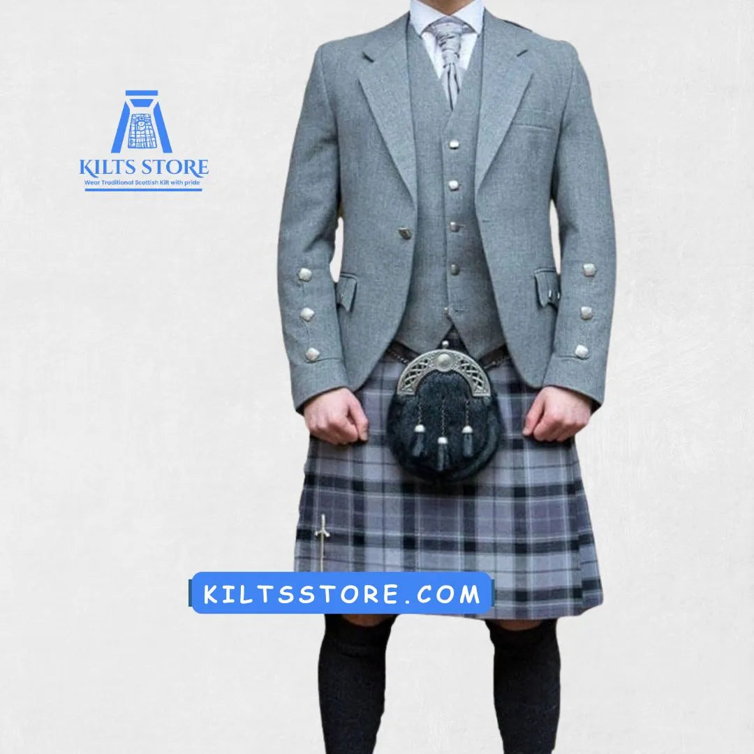 Front view of the Premium-Quality Custom-Made Scottish Light Grey Argyle Jacket with Vest