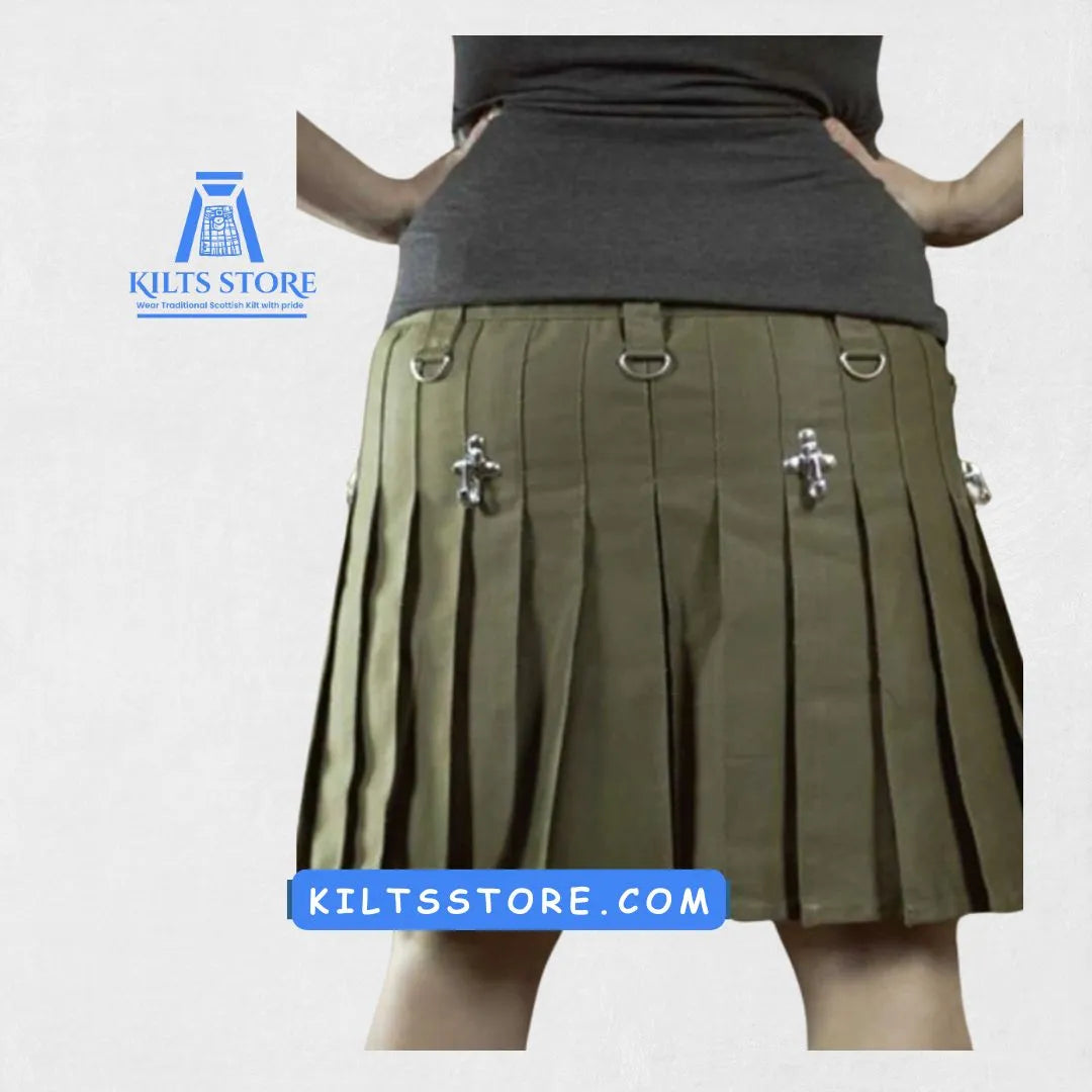 Back view of Olive Green Utility Kilt showing pleats and functional design