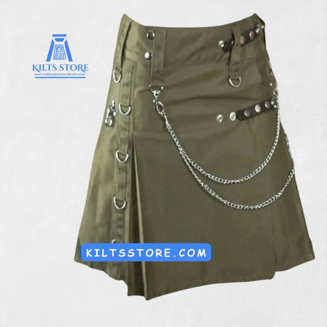 Front view of Olive Green Utility Kilt showing pleats and functional design