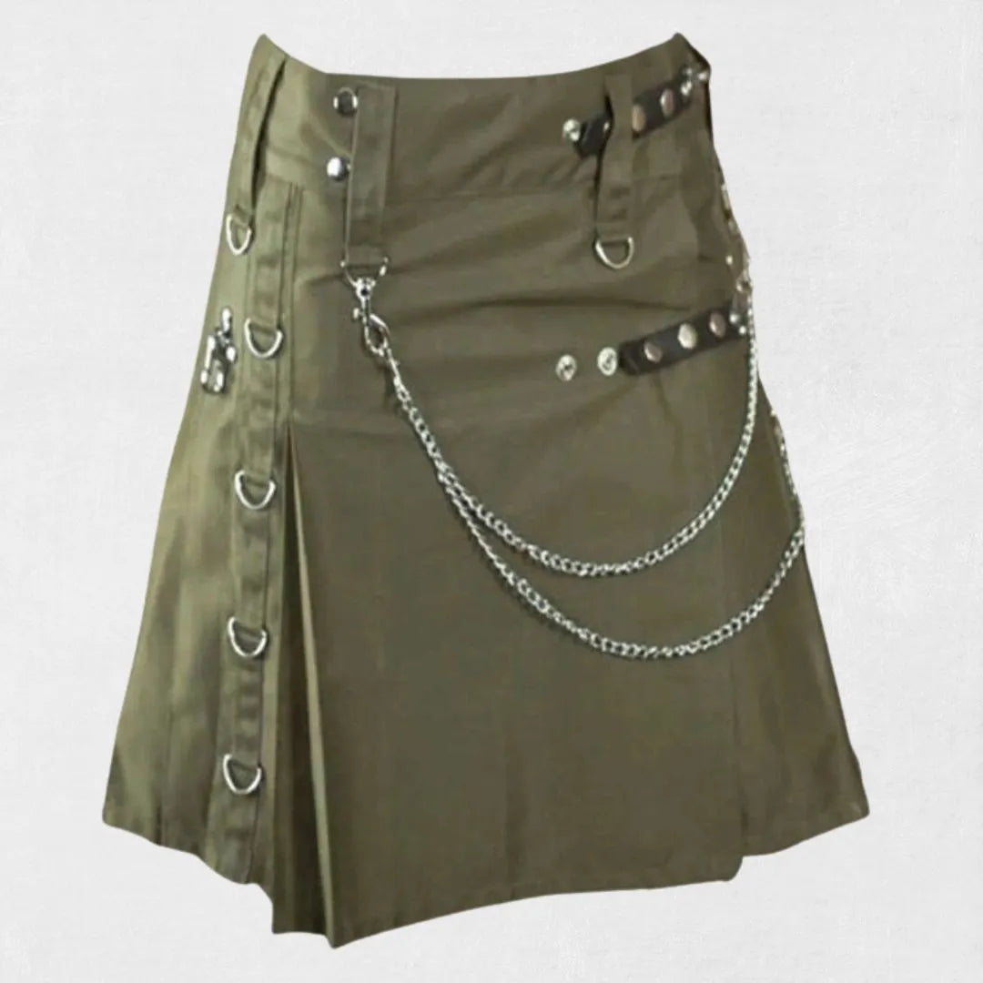 Front view of Olive Green Utility Kilt showing pleats and functional design