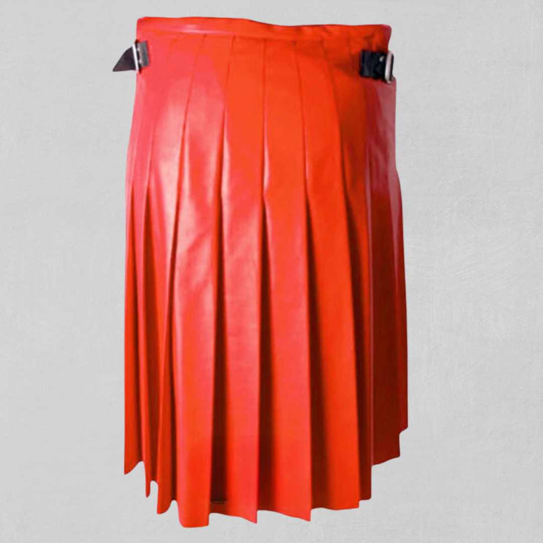 Premium-Quality Custom-Made Scottish Red Leather Kilt for Women, Traditional Scottish Style, front view.
