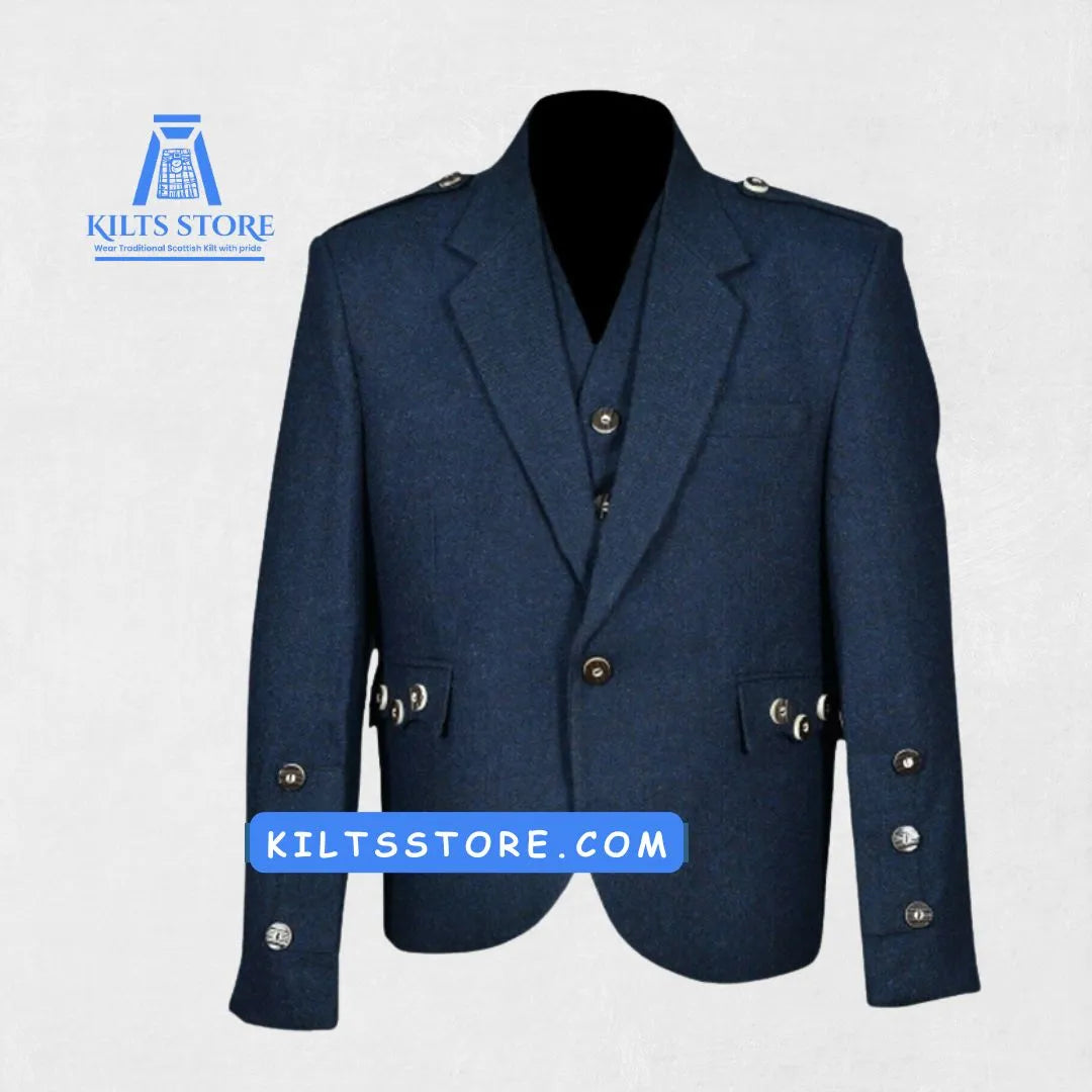 Front view of the Premium-Quality Custom-Made Scottish Navy Blue Tweed Argyle Jacket