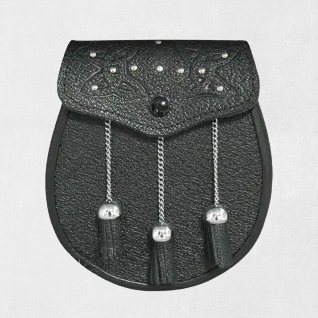 Front view of the Premium Quality Fancy Leather Sporran, showcasing its sleek design and intricate detailing, ideal for adding elegance to your kilt ensemble.