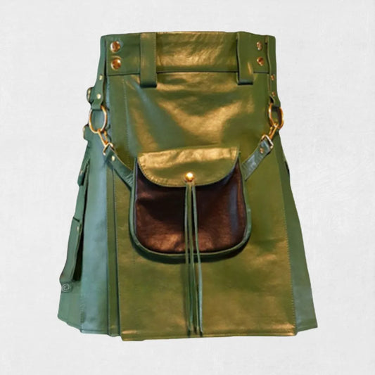Front view of Premium Quality Fashion Green Leather Kilt Design featuring vibrant leather, pleats, and buckle straps