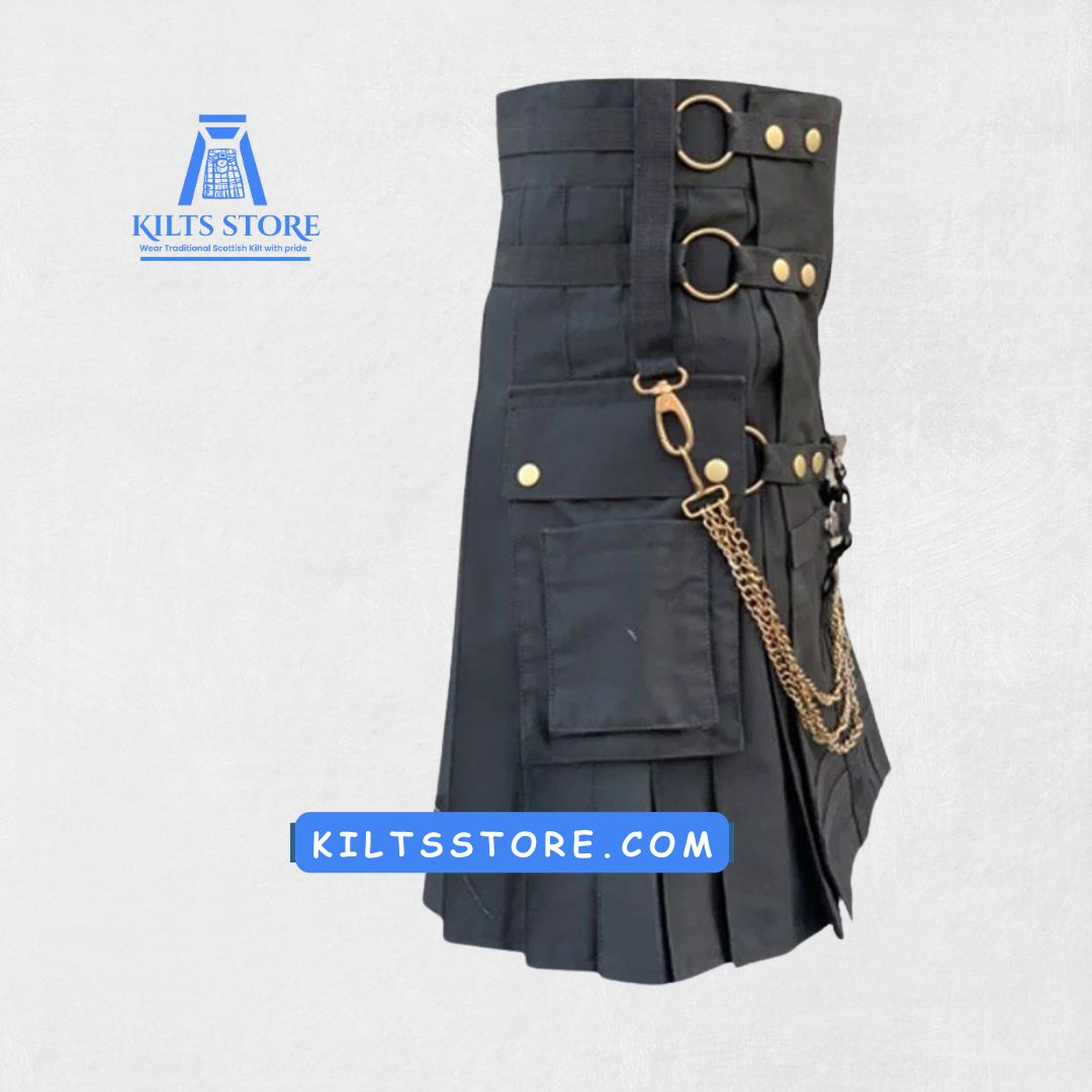Side view of the Premium Quality Fashion Utility Hybrid Kilt highlighting its stylish fit and unique chain detailing.