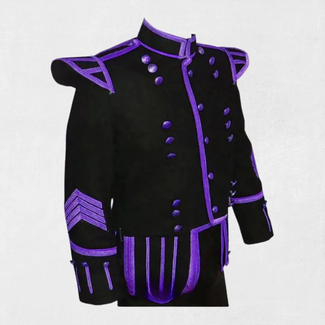 Front view of the Premium Hand-Made Black Military Drummer Doublet for Men showcasing intricate military-inspired details.