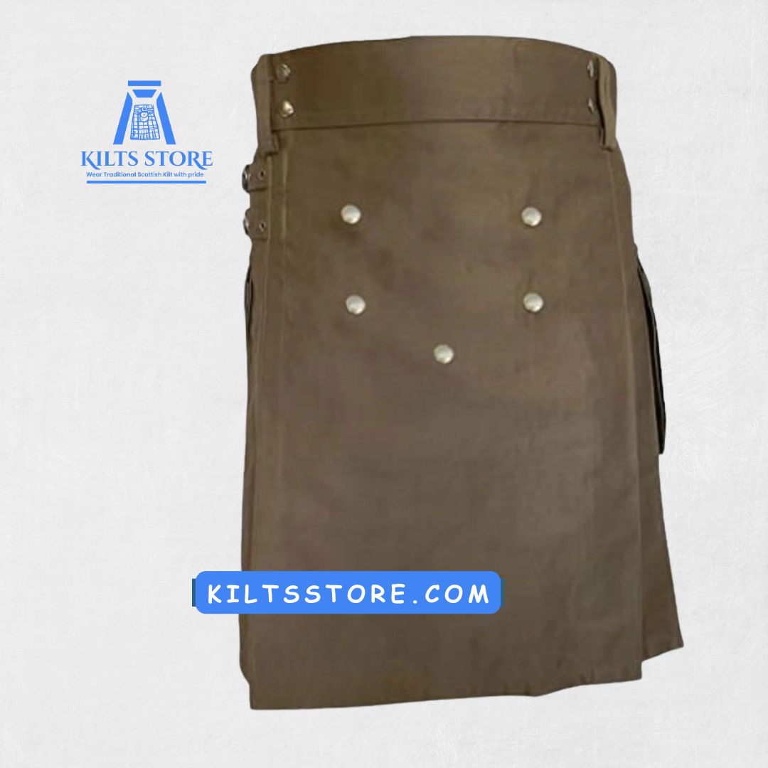 Hand-Made Brown Utility Kilt – Front with Cargo Pockets